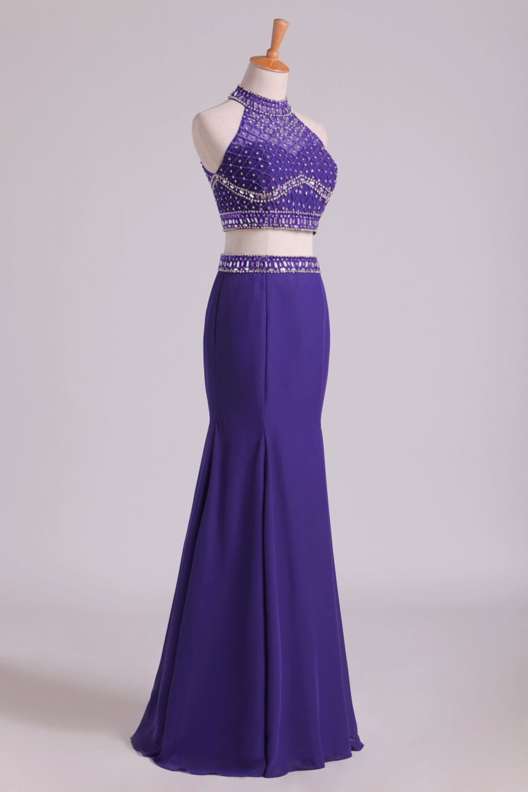 2022 Prom Dresses Halter Two-Piece Beaded Bodice Mermaid Open Back Spandex & Tulle Floor Length