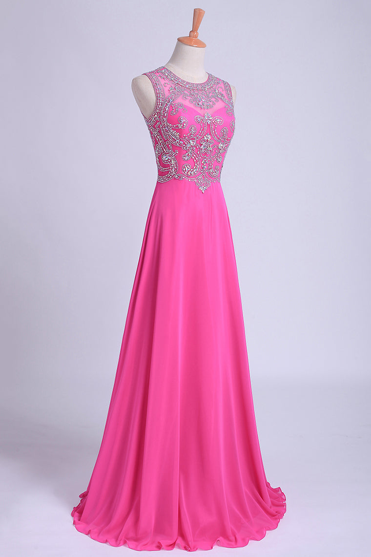 2022 Scoop A-Line Chiffon&Tulle Floor-Length Prom Dresses With Beads Color Fuchsia