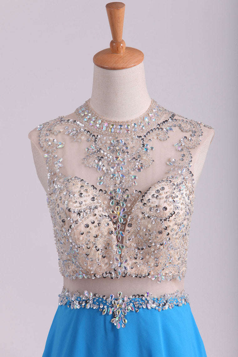 2022 Scoop A Line Prom Dresses Beaded Bodice Chiffon & Tulle With Slit