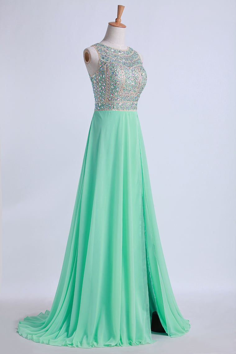 2022 Tow-Tone Bateau Open Back Prom Dresses A-Line Beaded Bodice With Slit Chiffon