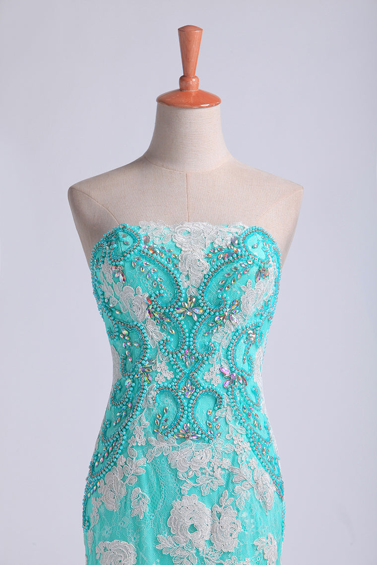 2022 Prom Dresses Strapless Column With Beading And Applique