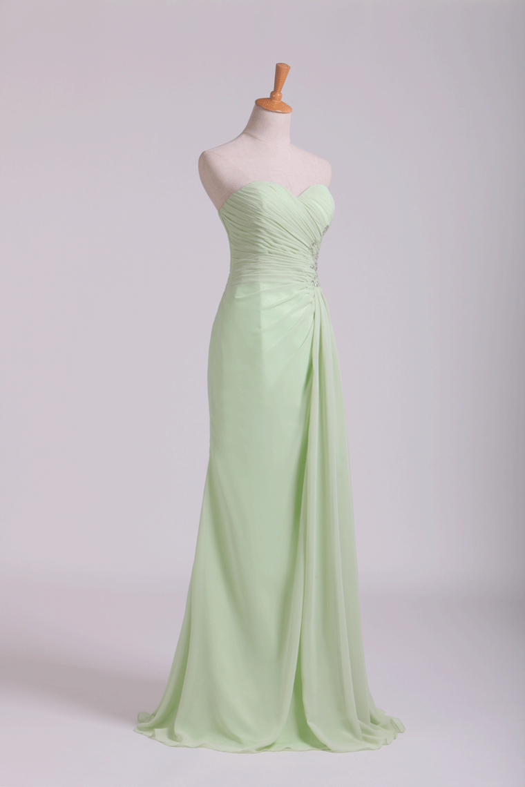 2022 Prom Dress Column Ruffled Bodice Beaded With Slit Floor Length