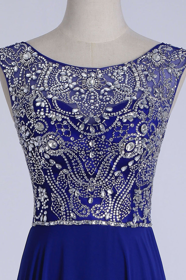 2022 Prom Dresses A-Line Scoop Floor-Length Dark Royal Blue Chiffon Beaded Bodice