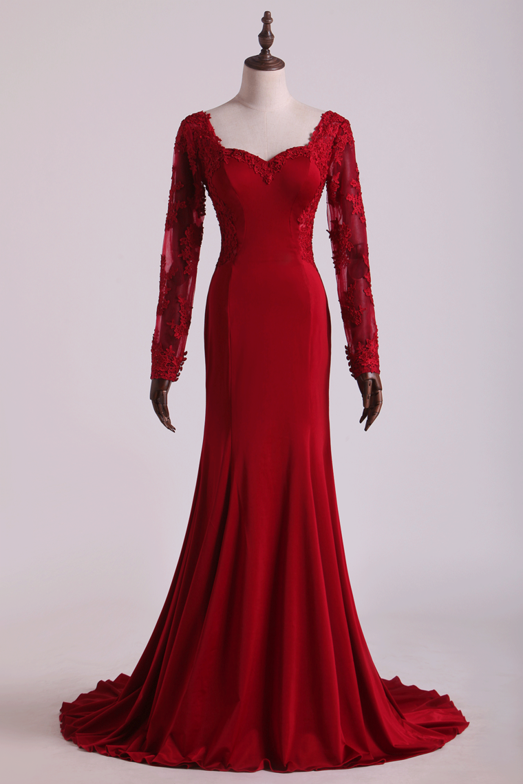 2022 Long Sleeves Prom Dresses Spandex Mermaid With Applique Burgundy/Maroon