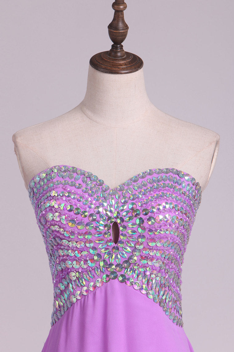 2022 A Line Sweetheart Beaded Bodice Chiffon Sweep Train Prom Dresses