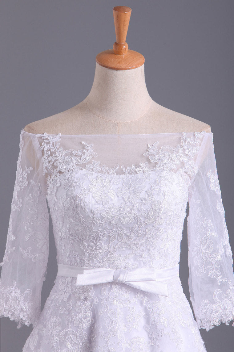 2022 Shiny Wedding Dresses Bateau Half Length Sleeve A Line With Applique