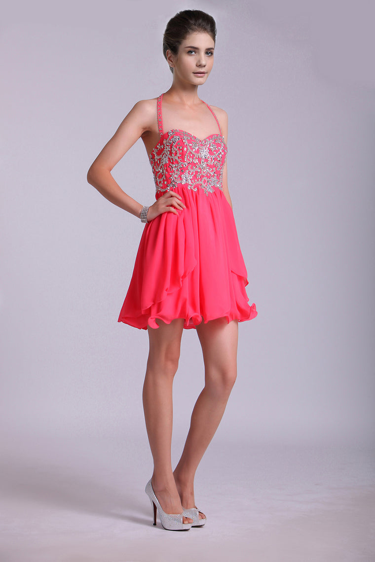 2022 Homecoming Dresses A Line Halter Short/Mini Chiffon With Beading & Sequins