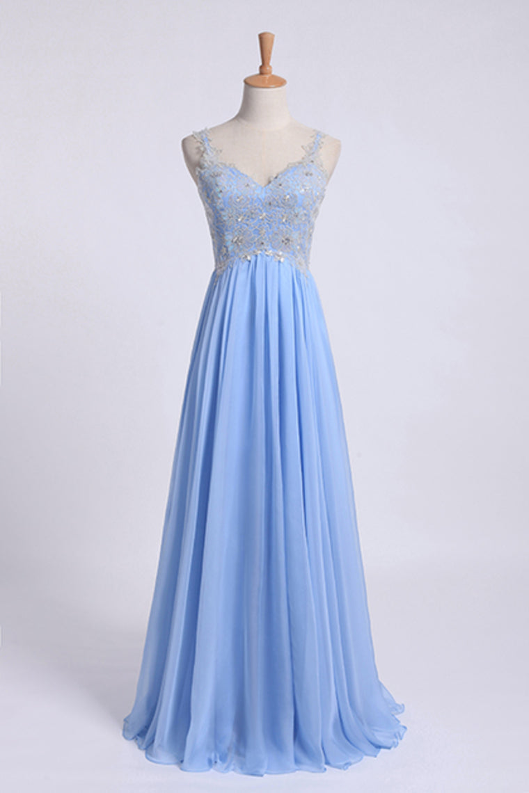 2022 Low Back Straps A Line Chiffon Prom Dress With Lace Bodice