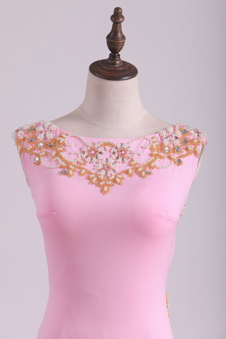2022 Prom Dresses Sheath Scoop Spandex With Beading Floor Length