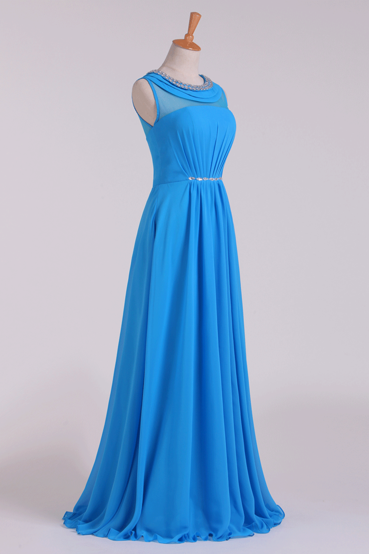 2022 Prom Dresses Scoop A Line Chiffon Beaded Floor Length