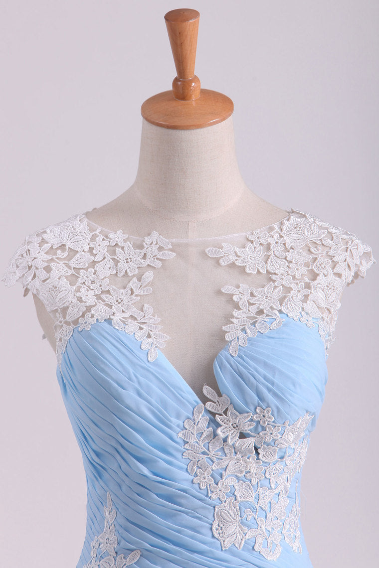 2022 Prom Dress Bateau Neckline Pleated Bodice Pick Up Chiffon Skirt With Applique