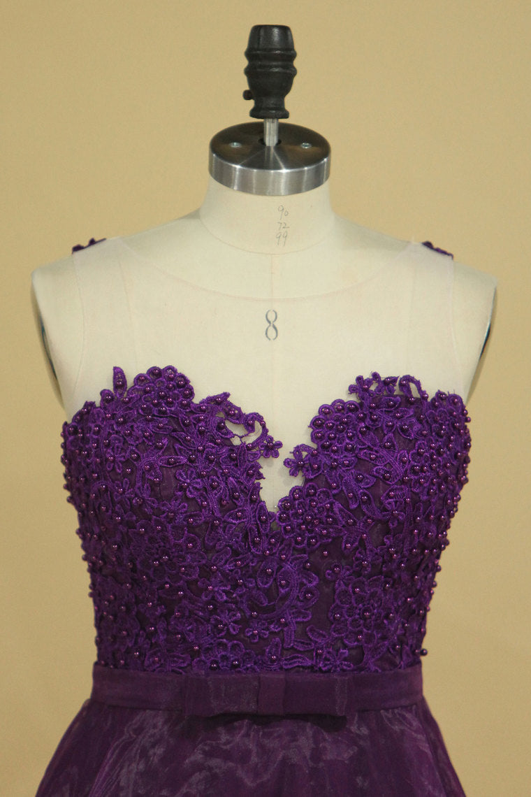 2022 Hot Prom Dresses Scoop A Line With Sash And Applique Grape