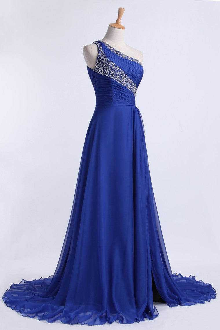 2022 Prom Dresses Beaded&Ruffled One Shoulder Chiffon With Slit