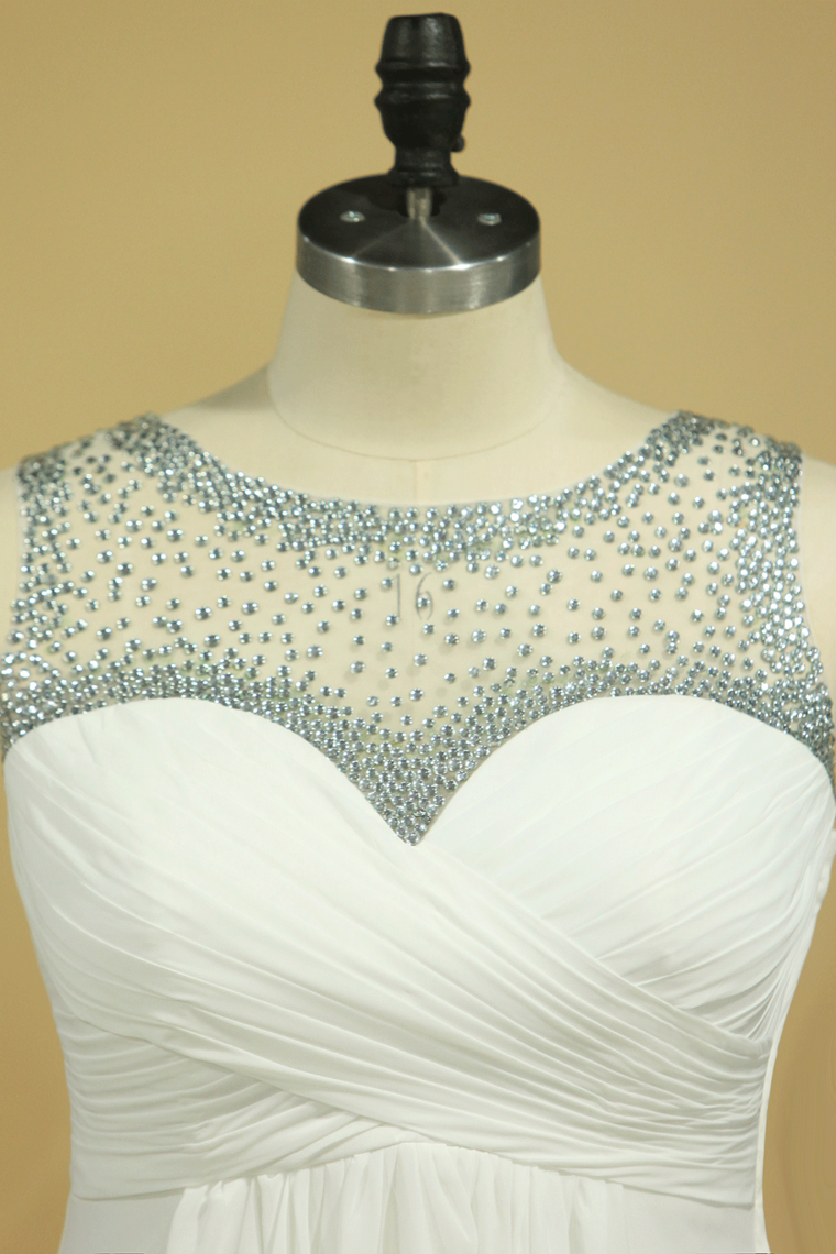 2022 Plus Size Scoop A Line Prom Dresses Chiffon With Beads And Ruffles Floor Length