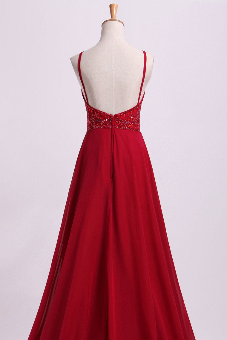 2022 Prom Dresses Spaghetti Straps Beaded Bodice A-Line Chiffon