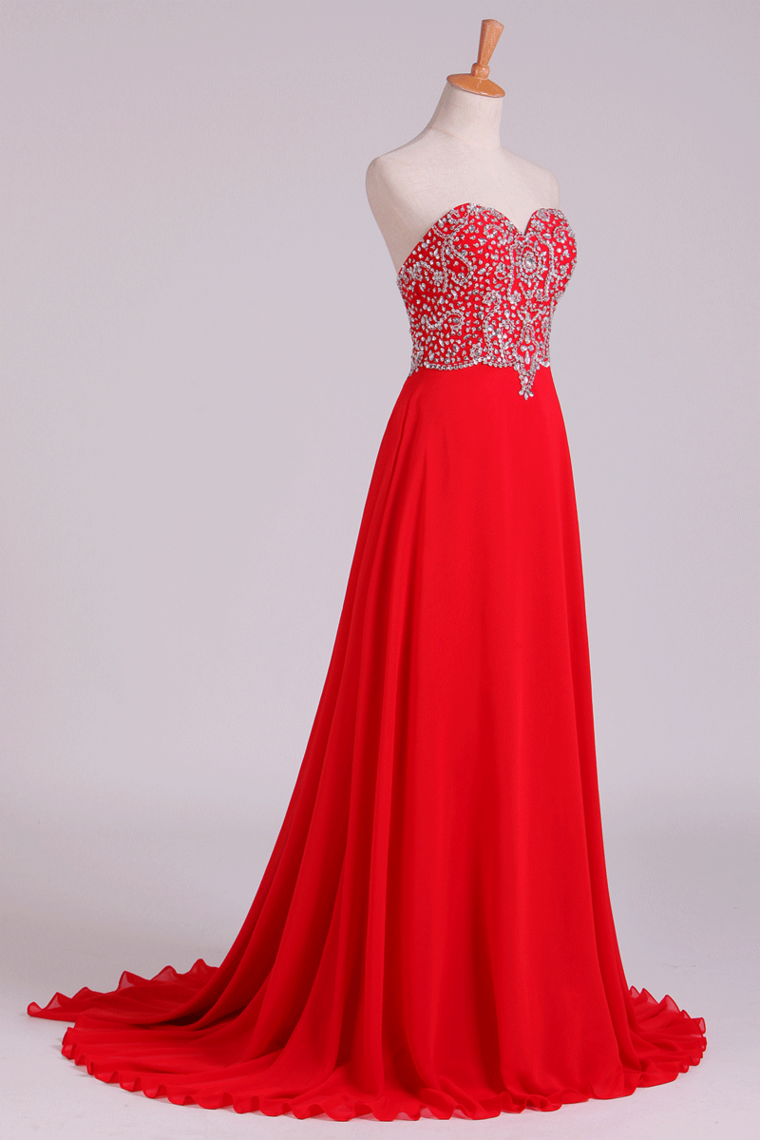 2022 Prom Dress Sweetheart A Line Floor Length With Beads Chiffon&Tulle