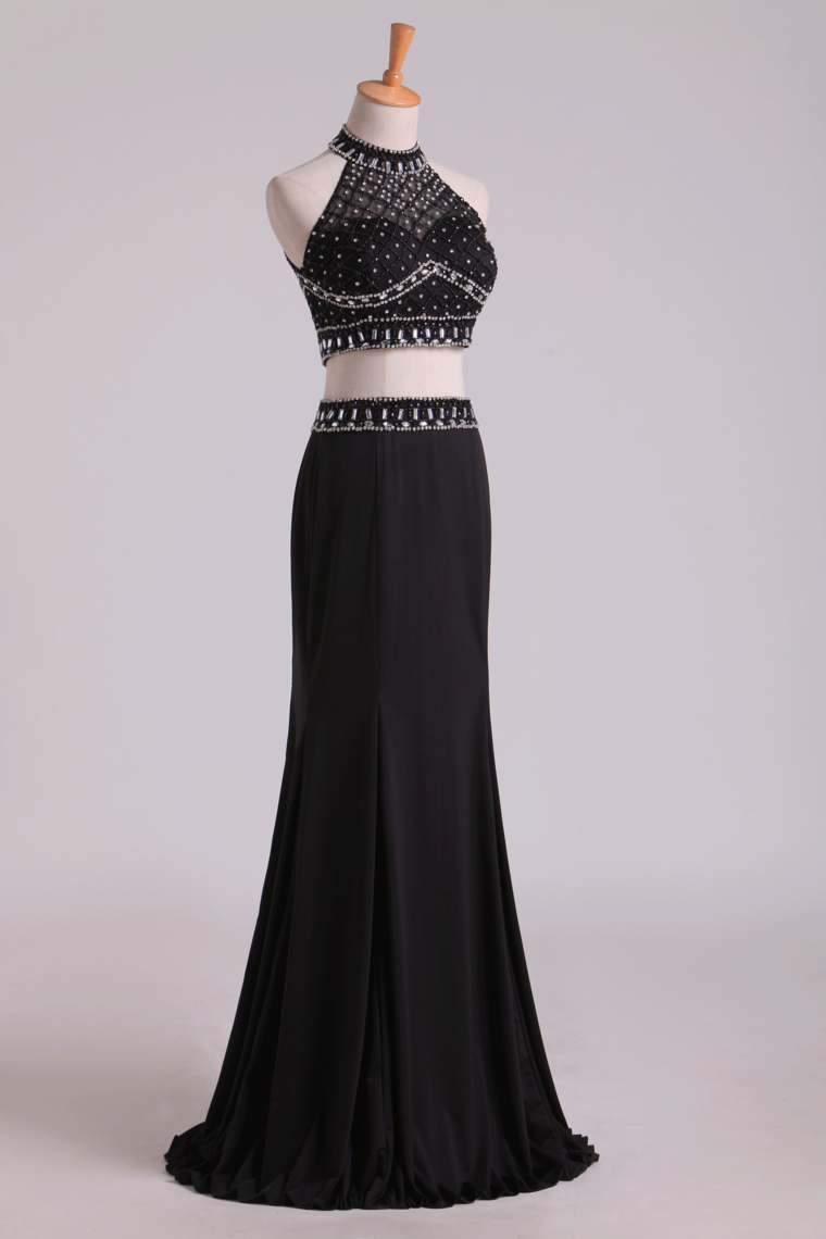 2022 Black Halter Two-Piece Beaded Bodice Mermaid Open Back Prom Dresses Spandex & Tulle Floor Length