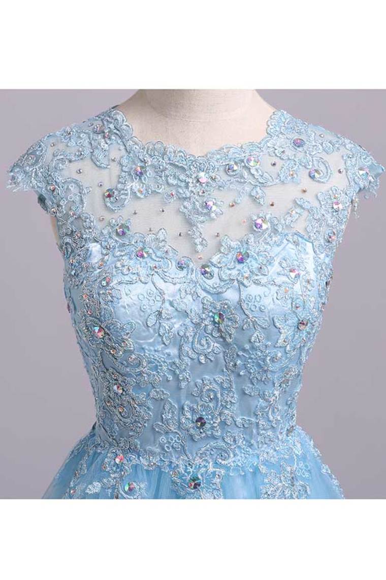 2022 Scoop Short/Mini Prom Dress A Line Tulle Skirt Embellished Bodice With Beads And Applique Cap Sleeve