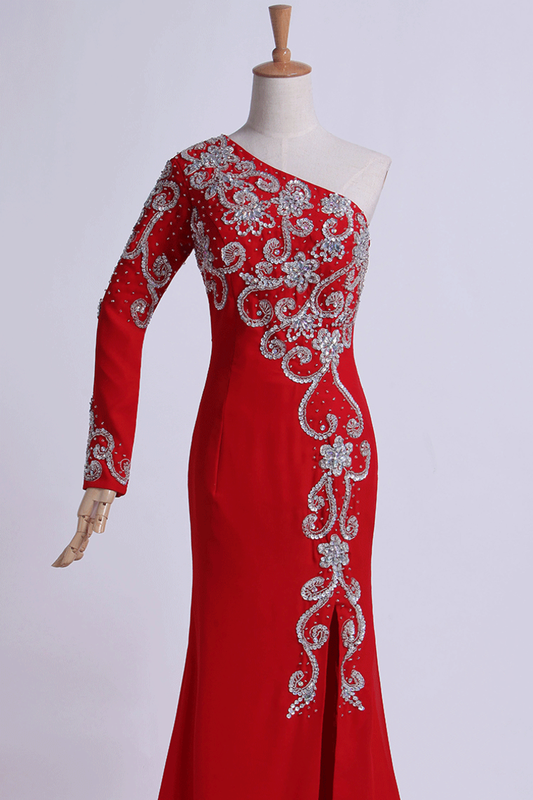 2022 Long Dress One Sleeve Beaded Bodice Sheath/Column With Chiffon Skirt