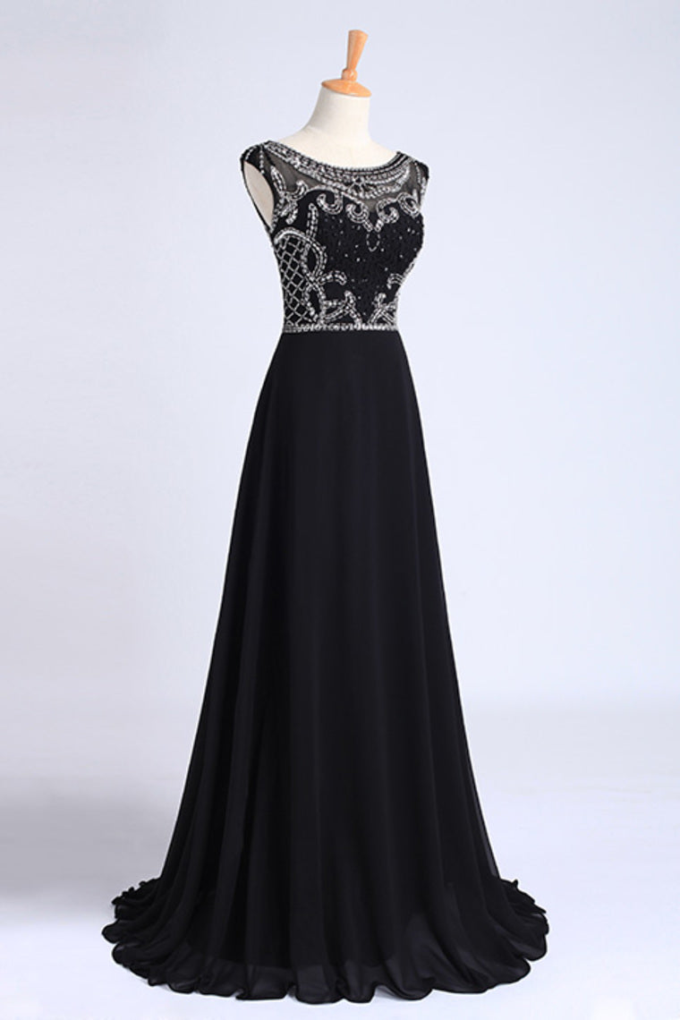 2022 Prom Dresses A-Line Scoop Dark Navy Blue Long Chiffon Chic Dresses