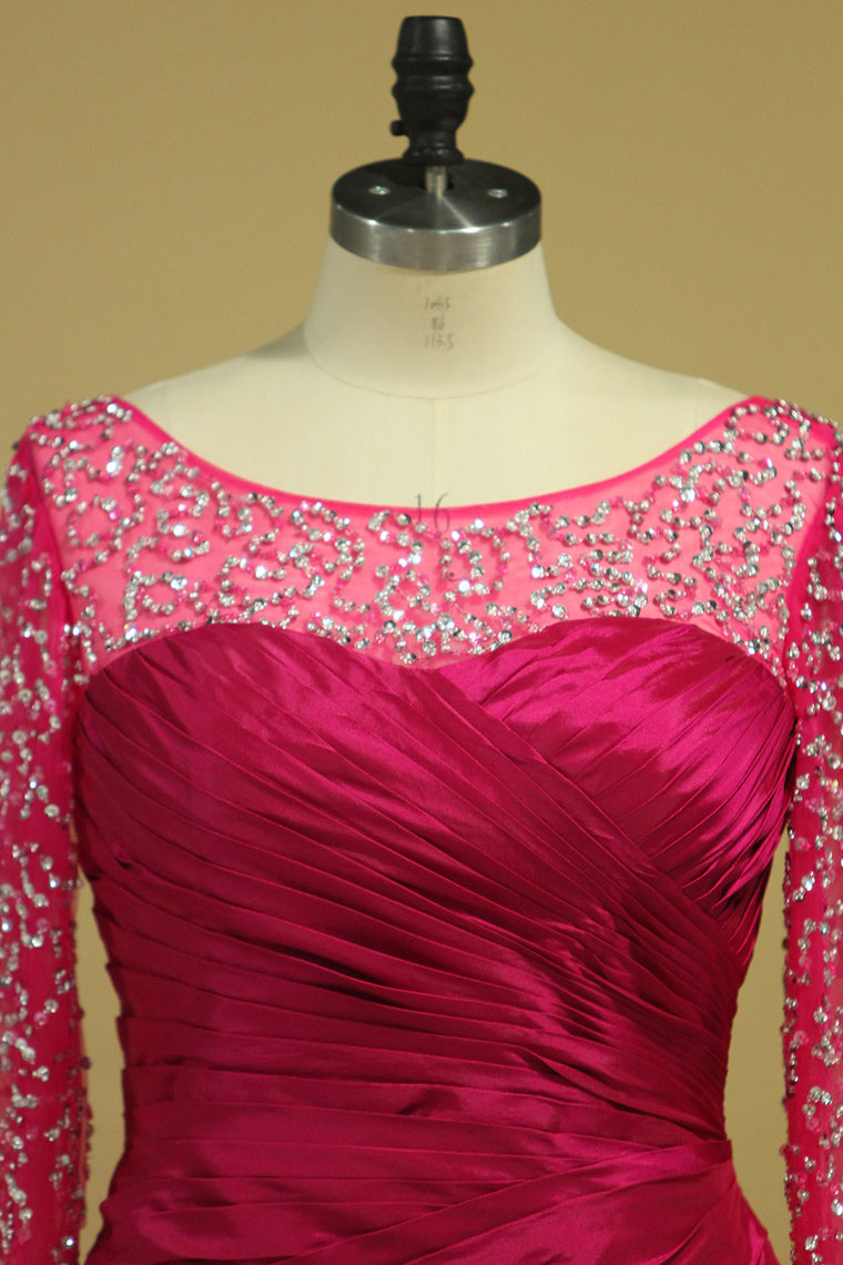 2022 Plus Size Scoop Mother Of The Bride Dresses Long Sleeves Taffeta With Beads And Ruffles Fuchsia