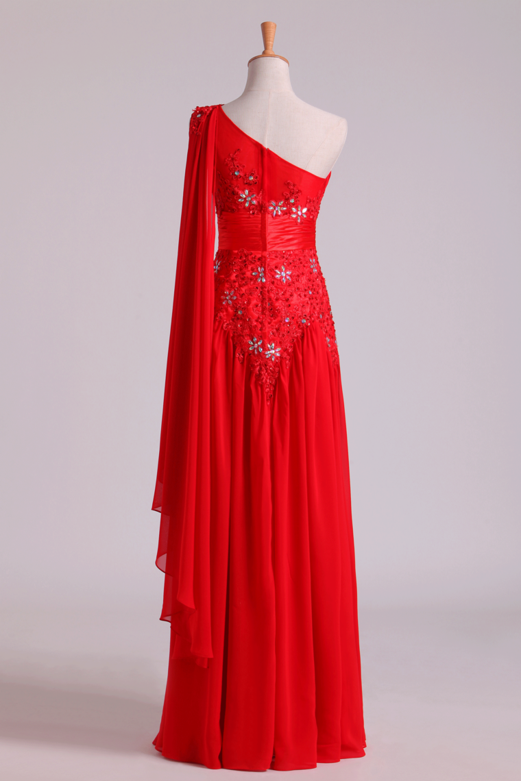 2022 Red One Shoulder A Line Prom Dresses With Applique & Ruffles Floor Length
