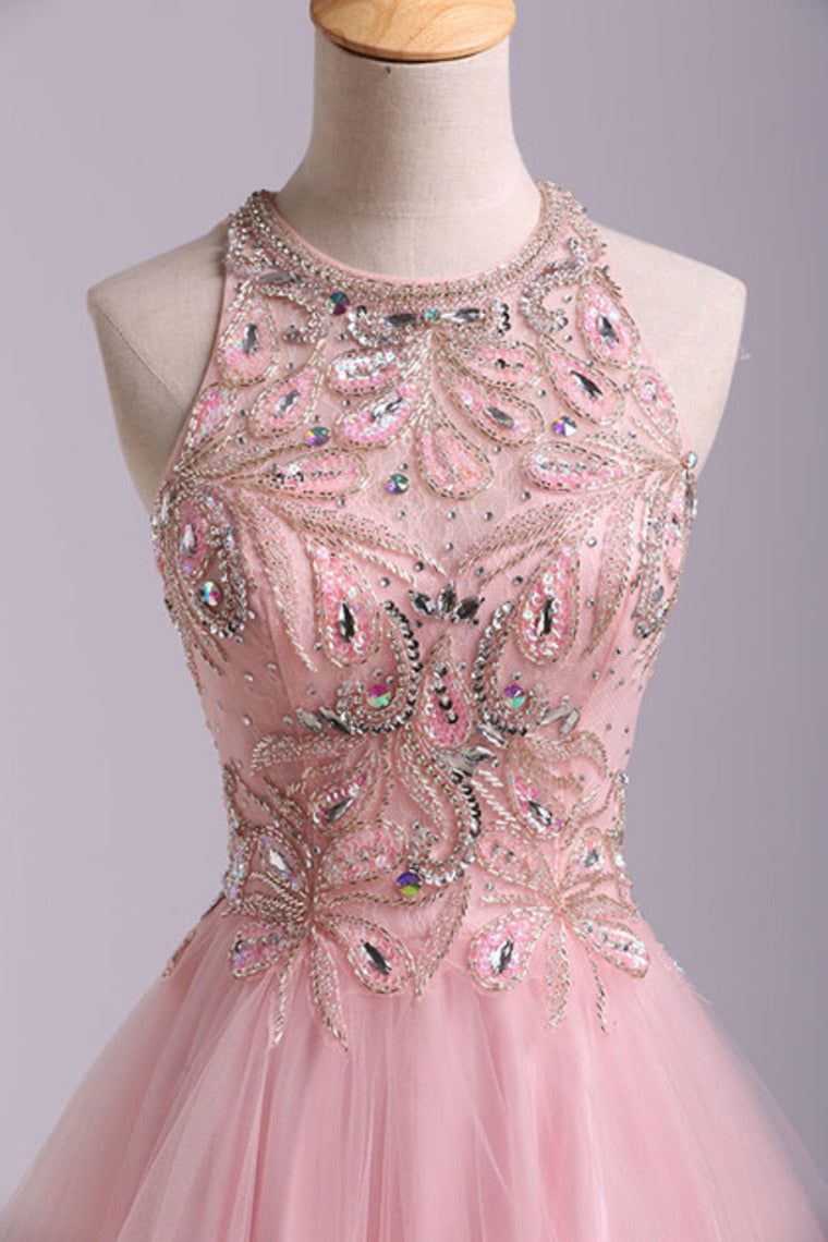 2022 Stunning A Line Short/Mini Prom Dress Tulle With Beaded Lace Bodice Open Back Pink