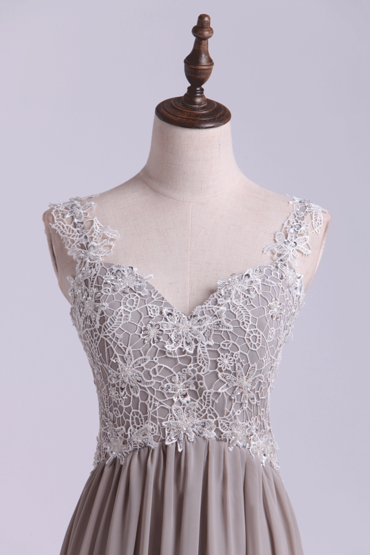 2022 Low Back Straps A Line Prom Dress With Lace Bodice Chiffon