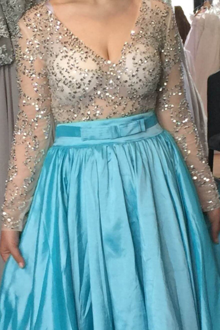 2022 Prom Dresses V Neck Long Sleeves A Line Taffeta With Beading Floor-Length