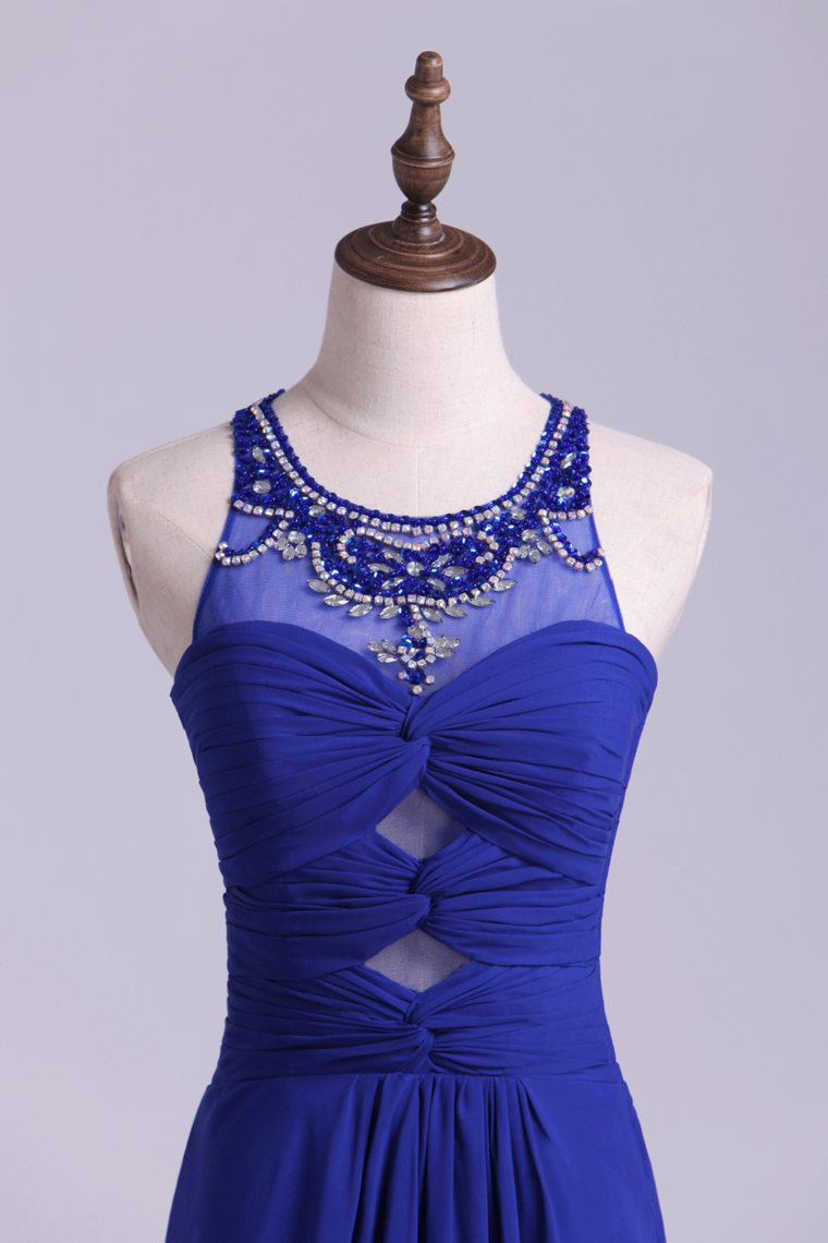 2022 Unique Dark Royal Blue Prom Dress Scoop A Line Chiffon With Beads&Ruffles