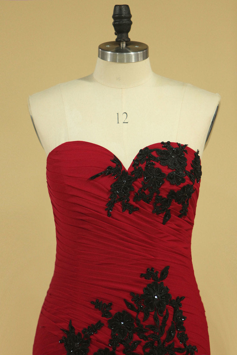 2022 Burgundy/Maroon Sweetheart Mermaid Chiffon Evening Dresses With Ruffles And Applique