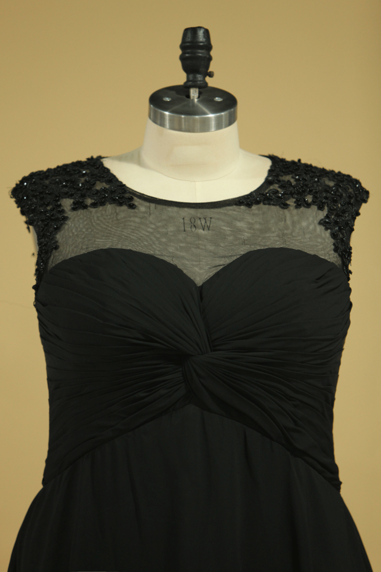 2022 Plus Size Black Evening Dresses A Line Scoop Cap Sleeves Chiffon With Applique And Beads