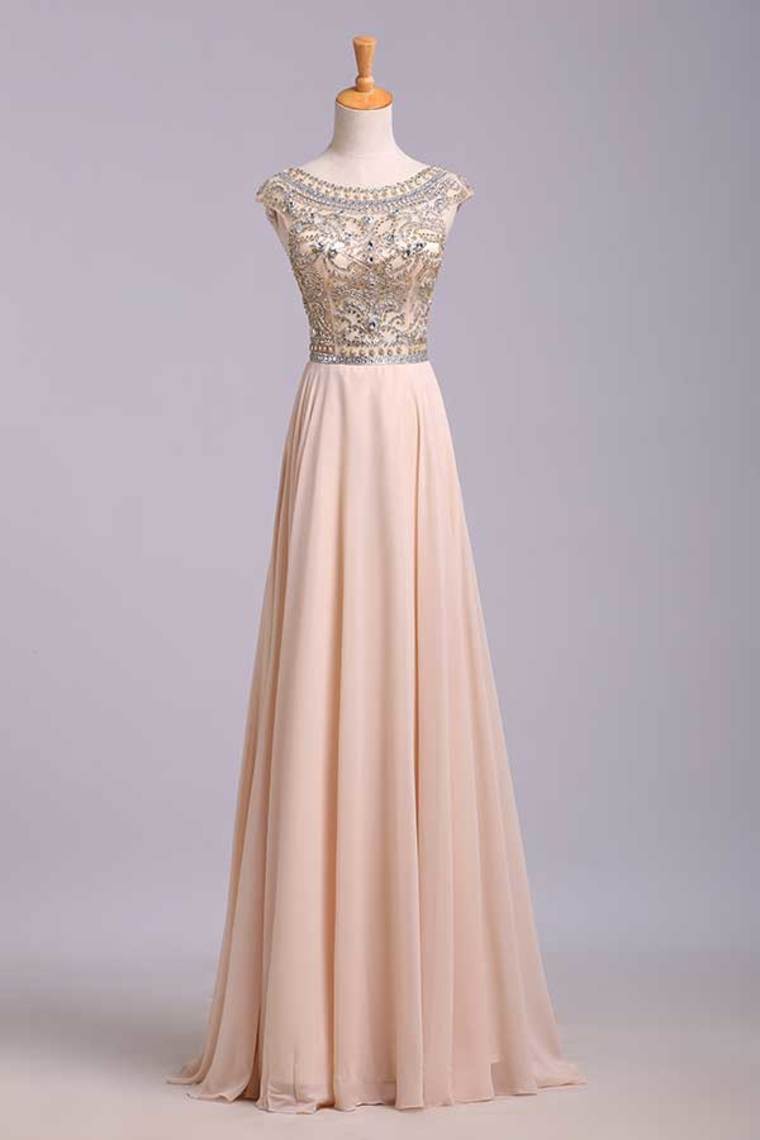 2022 Prom Dress Scoop A Line Floor Length Beaded Tulle Bodice With Chiffon Skirt