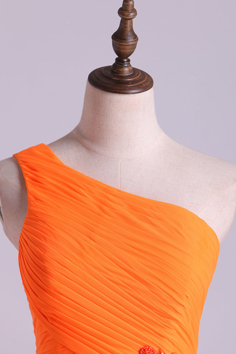 2022 One Shouder Column Evening Dresses Chiffon With Beads With Ruffles