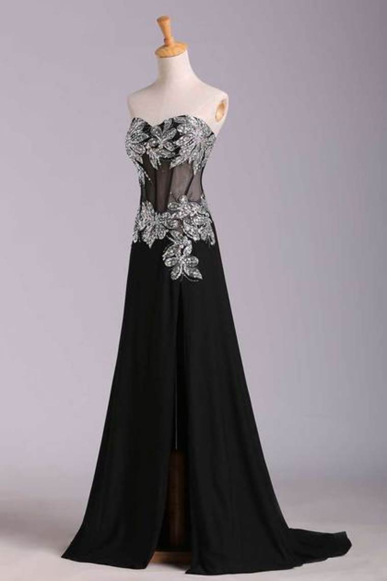 2022 Prom Dresses Mermaid/Trumpet Black Sweetheart Chiffon With Rhinestone
