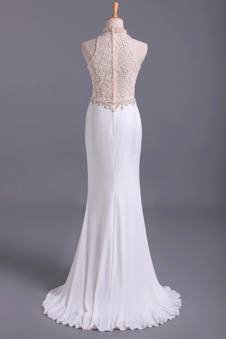 2022 Hot High Neck Prom Dresses Sheath Lace & Spandex Sweep Train