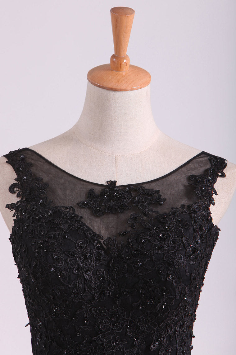 2022 Black Bateau Evening Dresses Tulle With Applique & Beads Floor Length