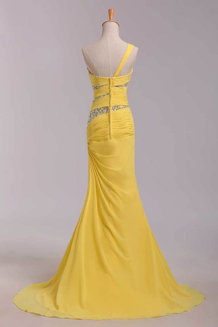 2022 One Shoulder Mermaid Court Train Chiffon Prom Dresses