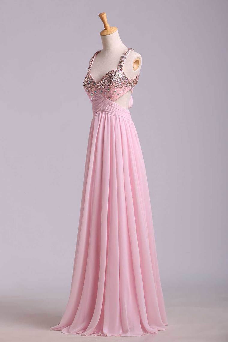 2022 Halter Beaded Bust Twist Straps Back Chiffon Floor Length Prom Dress