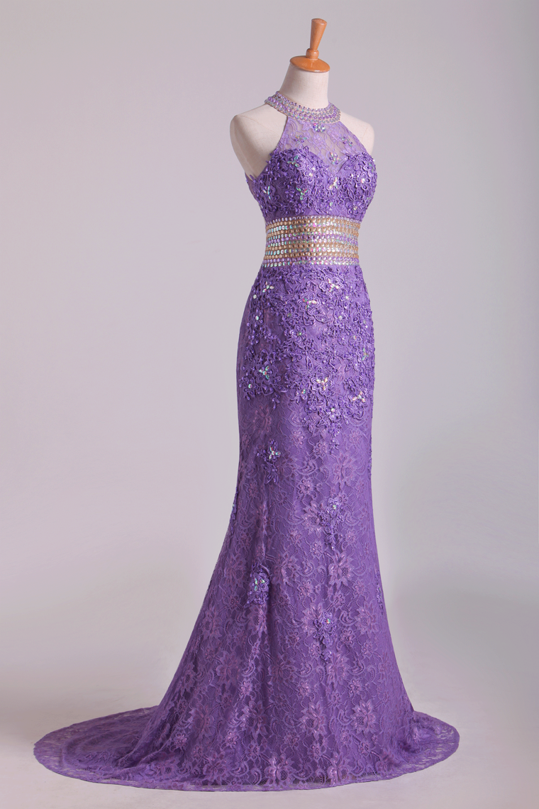 2022 Popular Mermaid High Neck Prom Dresses Lace With Beads Sweep Train Purple