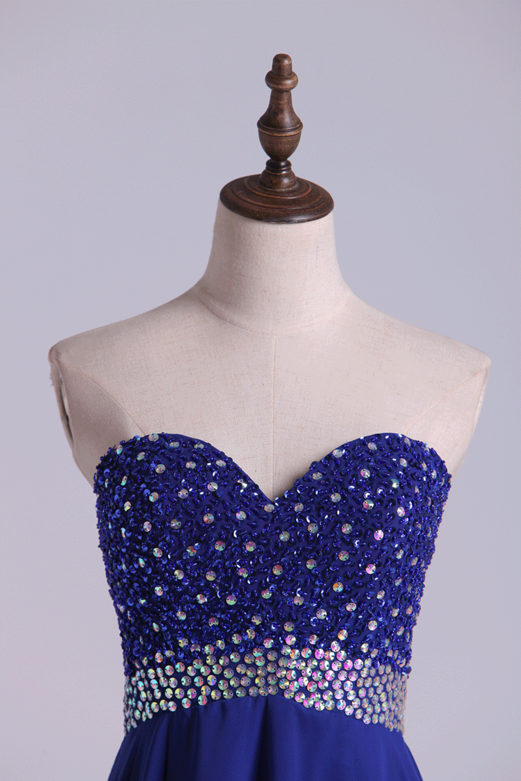 2022 A Line Homecoming Dresses Dark Royal Blue Chiffon Mini With Beading