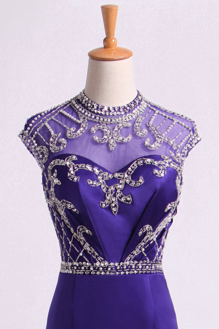 2022 High Neck Mermaid Prom Dresses Beaded Bodice With Ruffles Satin