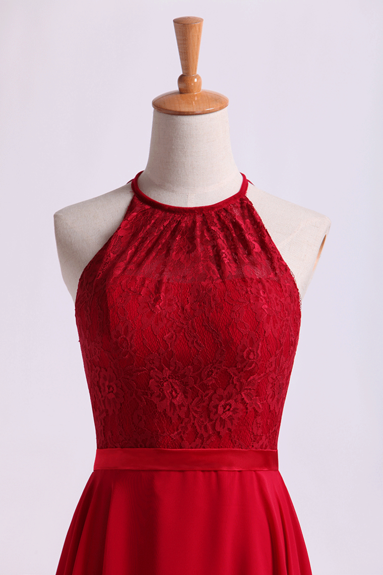 2022 Scoop Neckline Princess Chiffon&Lace Dress Burgundy/Maroon With Sash Knee Length