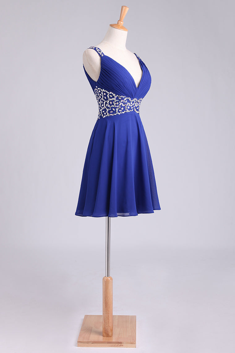 2022 Homecoming Dresses Straps A-Line Short/Mini Chiffon With Beads And Ruffles Dark Royal Blue