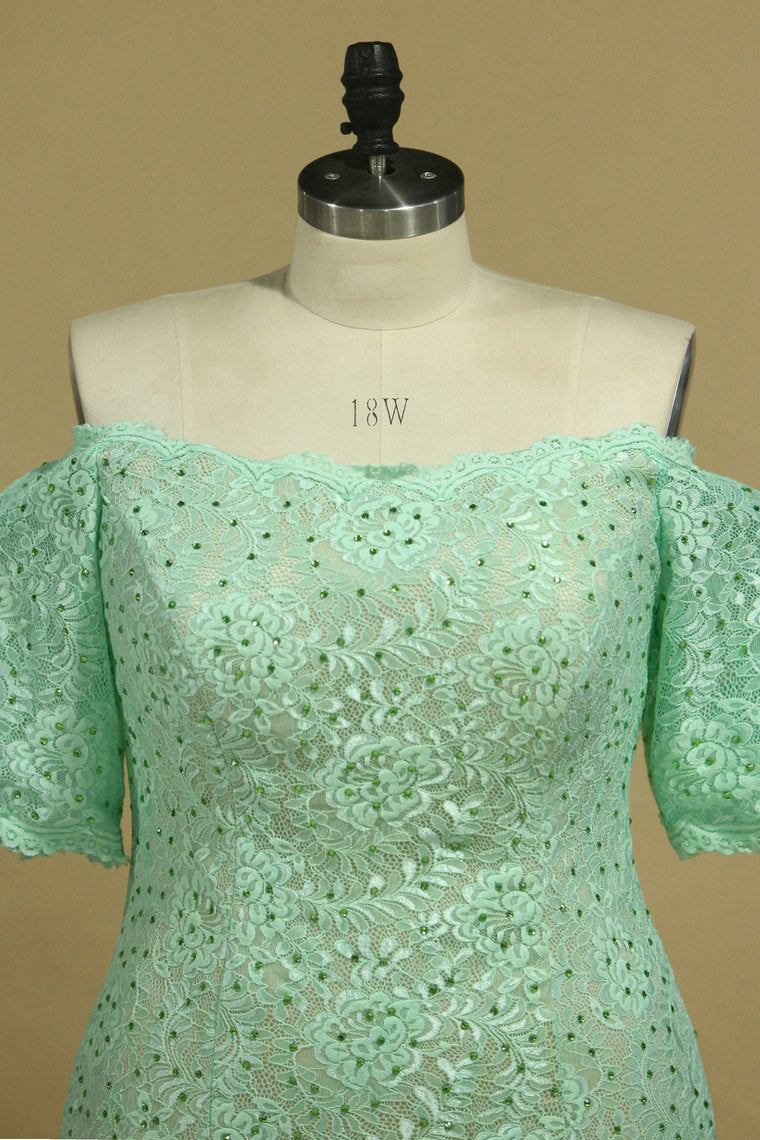 2022 Sheath/Column Mid-Length Sleeves Bateau Lace Sweep Train Prom Dresses