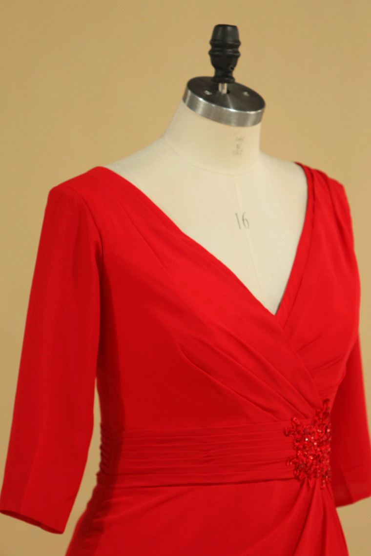 2022 Red Plus Size Mother Of The Bride Dresses V Neck 3/4 Length Sleeve Spandex With Beads Mermaid