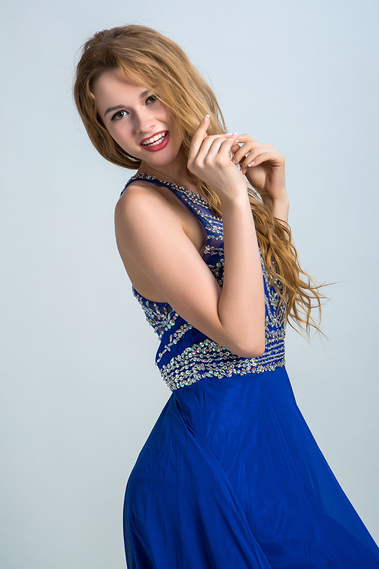 2022 Halter A-Line/Princess Prom Dresses Tulle And Chiffon Dark Royal Blue Sweep Train