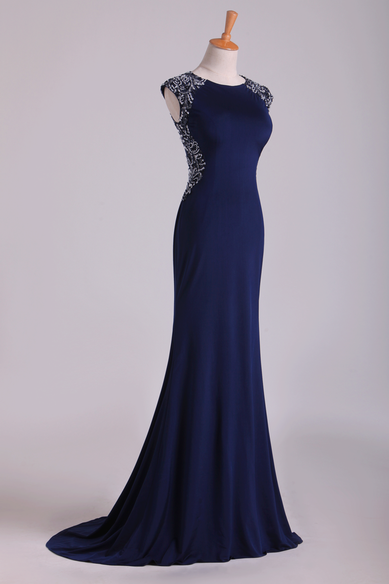 2022 New Arrival Scoop Evening Dresses Cap Sleeves Chiffon Sheath With Applique
