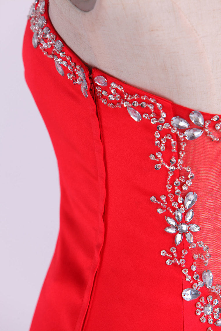 2022 Sweetheart Beaded Neckline Satin Prom Dress Mermaid Sweep Train