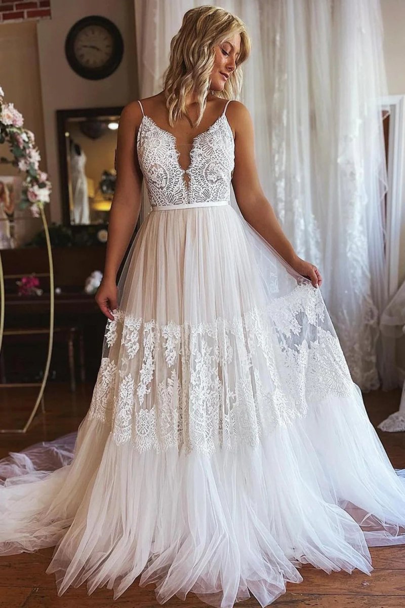 Ivory Boho A-Line Long Tulle Wedding Dress with Appliques – Queenala